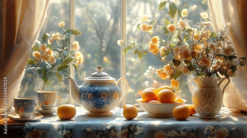 A teapot, teacup, oranges, and flowers sit on a window sill, bathed in the warm glow of the morning sun. A teapot, teacup, oranges, and flowers sit on a window sill, bathed in the warm glow of the morning sun.