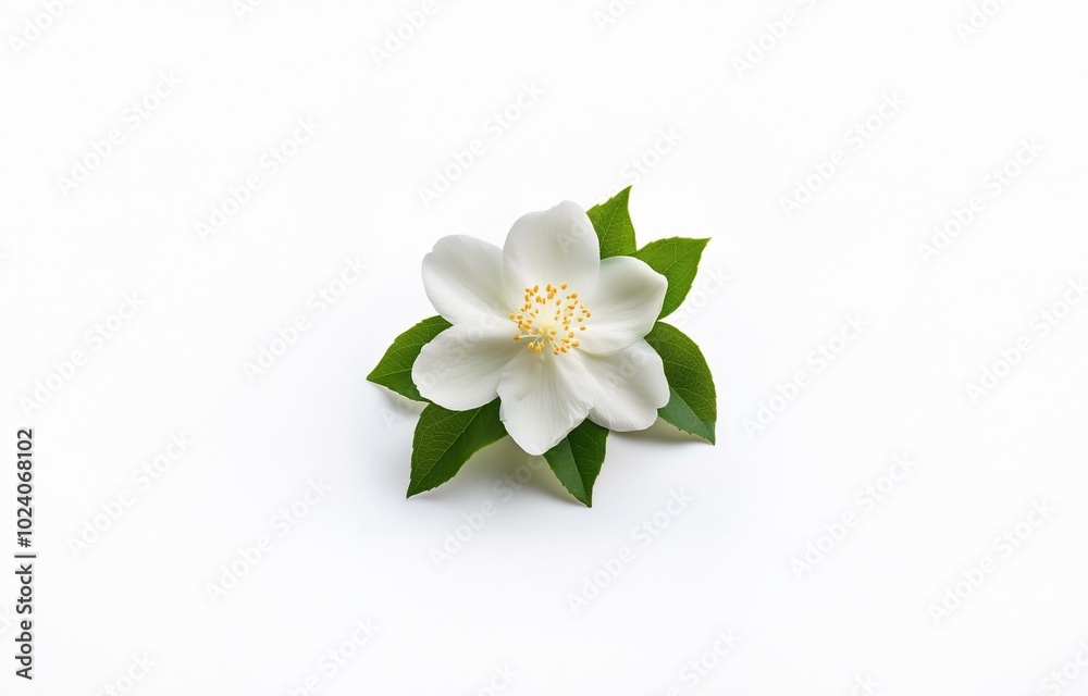 Obraz premium Single white flower with green leaves on a white background.