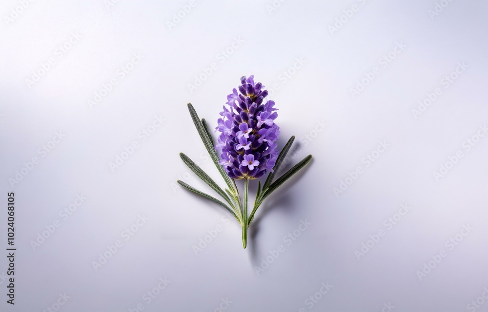 Obraz premium A single lavender flower with green stems against a white background.