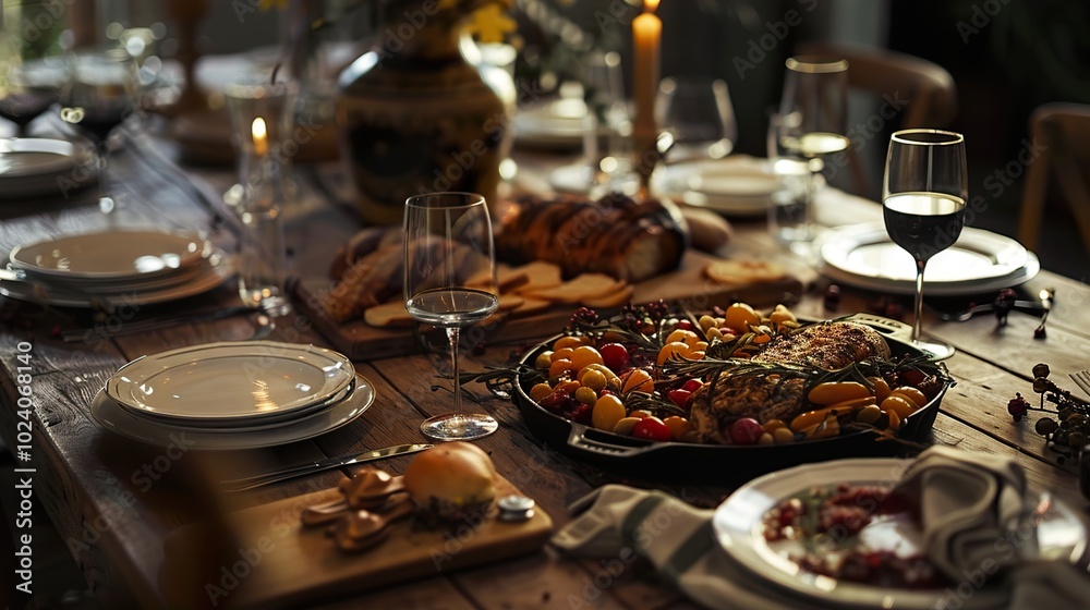 Rustic Dinner Table Setting with Roasted Chicken and Red Wine Rustic Dinner Table Setting with Roasted Chicken and Red Wine