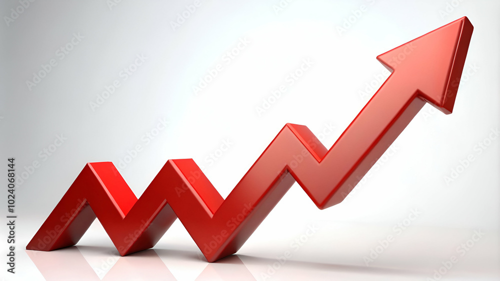 Bold red upward arrow graph showing a rising trend, ideal for business presentations and growth visuals Bold red upward arrow graph showing a rising trend, ideal for business presentations and growth visuals