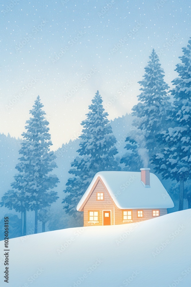 Naklejka premium Snow-covered cabin glowing softly in the woods, enchanted atmosphere