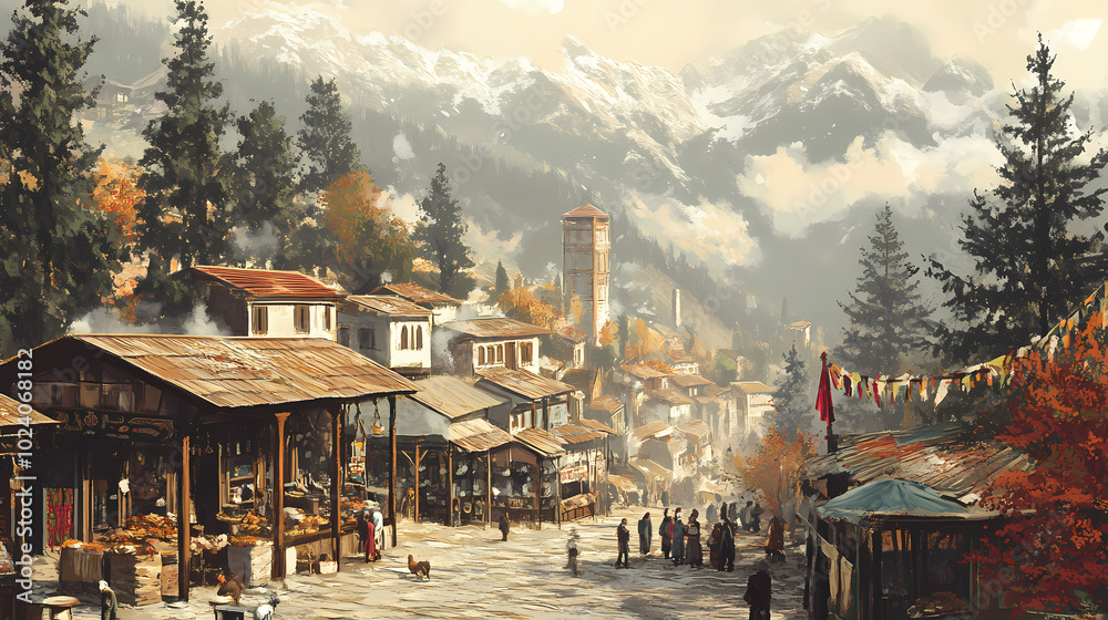 Misty mountain village rural authenticity kemer turkish culture. Ottoman Bazaar. Illustration Misty mountain village rural authenticity kemer turkish culture. Ottoman Bazaar. Illustration