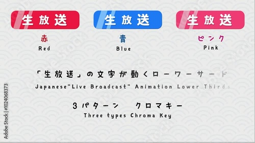「生放送」のテロップ（ローワーサード）日本語版のアニメーション3種類です。必要な部分をカットして使用して下さい。