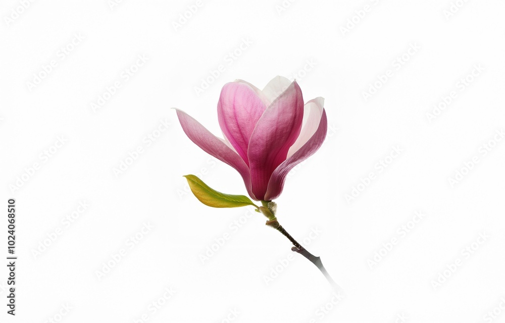 A single pink magnolia blossom with green leaves on a white background. A single pink magnolia blossom with green leaves on a white background.