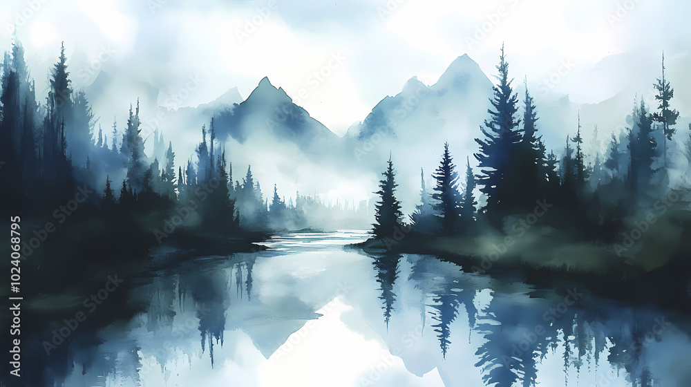 Naklejka premium Mountainous landscape watercolor river trees reflection tranquility. Watercolor Landscape. Illustration
