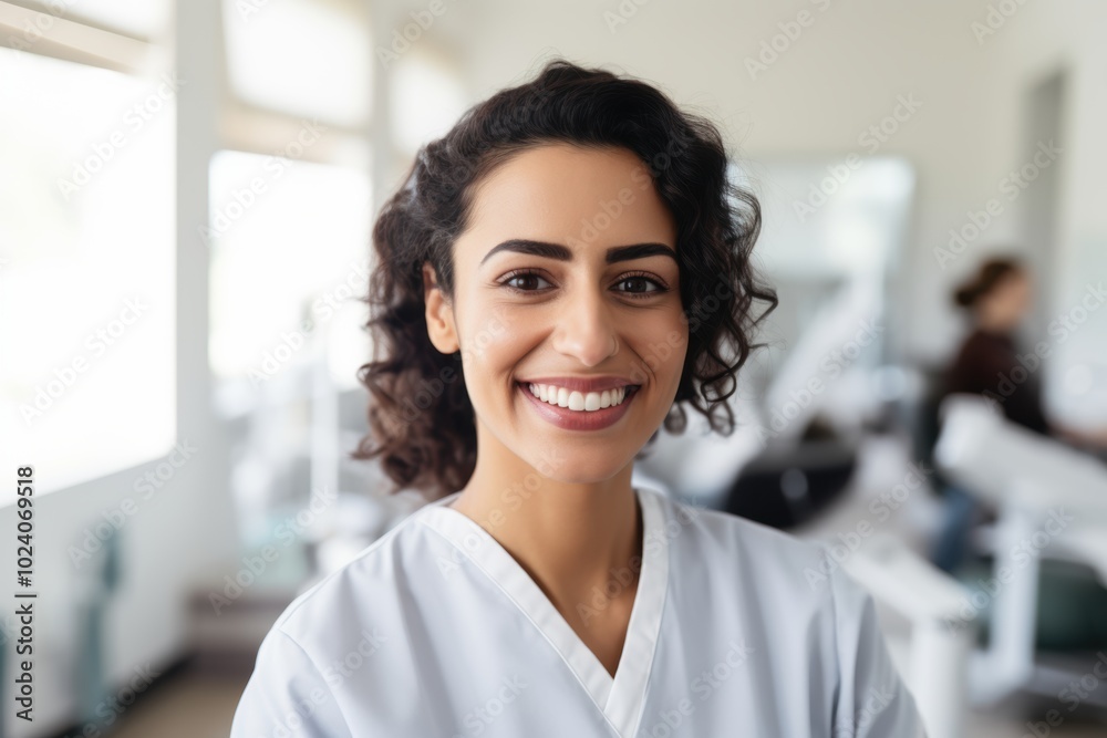 A nurse is brightly smiling for the camera while standing in a hospital room, where patients receive care and treatment at all times A nurse is brightly smiling for the camera while standing in a hospital room, where patients receive care and treatment at all times