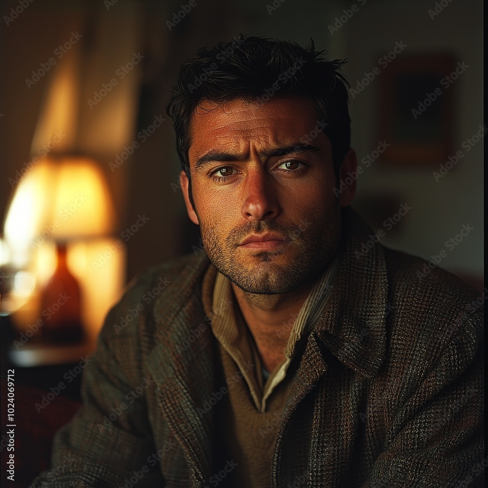 Pensive Man with Deep Thought and Furrowed Brow