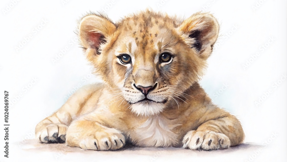 Obraz premium A minimalistic watercolor illustration of a baby lion cub against a white background, perfect for art lovers seeking simplicity and elegance in their