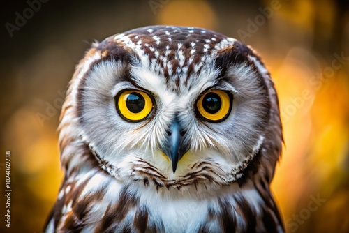 A minimalist close-up of a curious owl with striking yellow eyes captures its intense gaze and intricate feather details against a soft, blurred