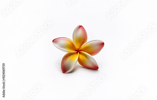 A single red, yellow, and white flower with five petals isolated on a white background.