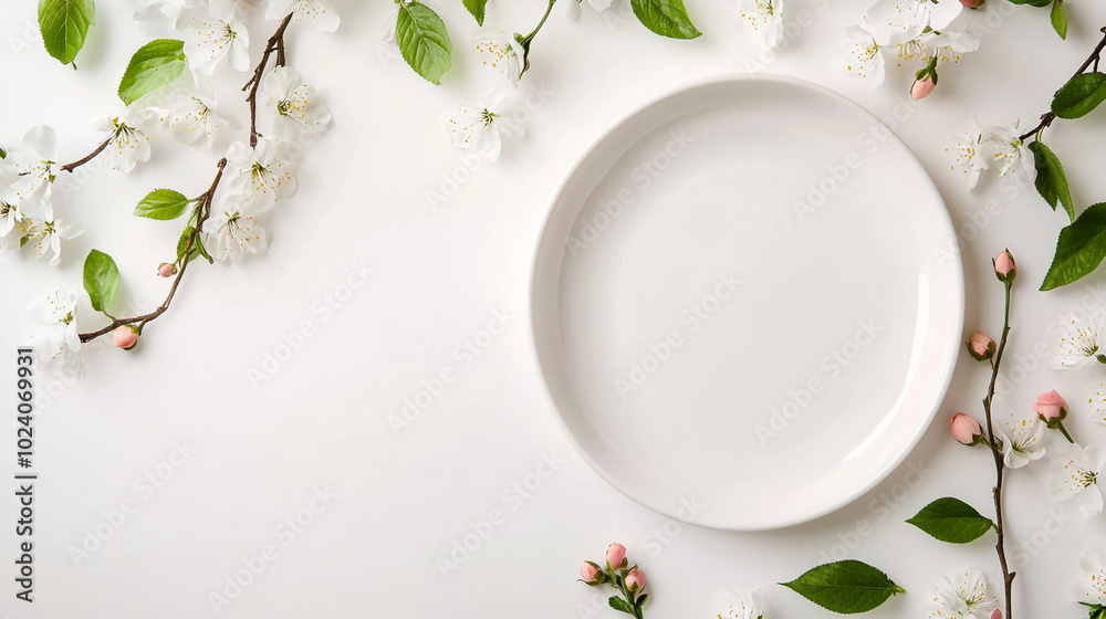 Empty plate concept flat lay with floral decoration on white isolated background. Elegant Spring Table Setting With Blossoms And Empty Plate Empty plate concept flat lay with floral decoration on white isolated background. Elegant Spring Table Setting With Blossoms And Empty Plate