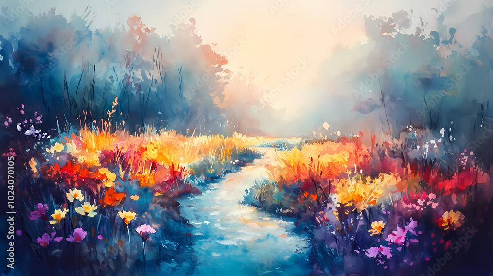 Fototapeta premium Oil painting landscape - river in the forest, colorful fields of flowers. Watercolor Landscape. Illustration