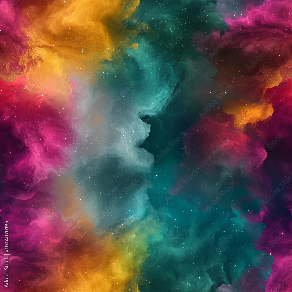seamless pattern of colorful nebulae blending together in ethereal shapes