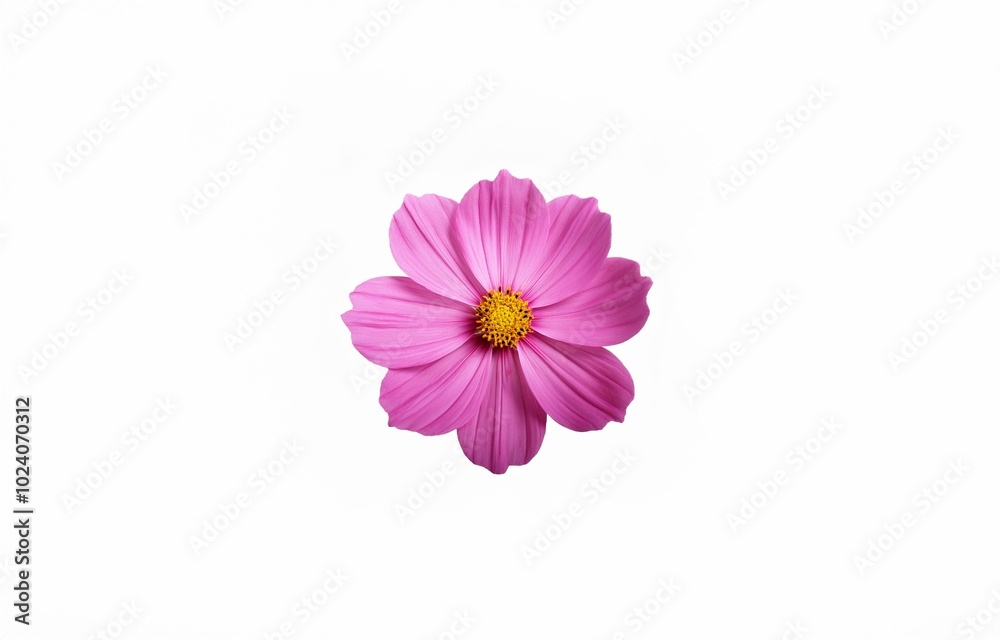 A single pink flower with a yellow center isolated against a white background. A single pink flower with a yellow center isolated against a white background.