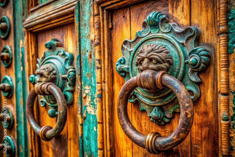Antique Hellenistic Knockers on an Old Wooden Door - A Timeless Architectural Detail Capturing History and Charm Antique Hellenistic Knockers on an Old Wooden Door - A Timeless Architectural Detail Capturing History and Charm
