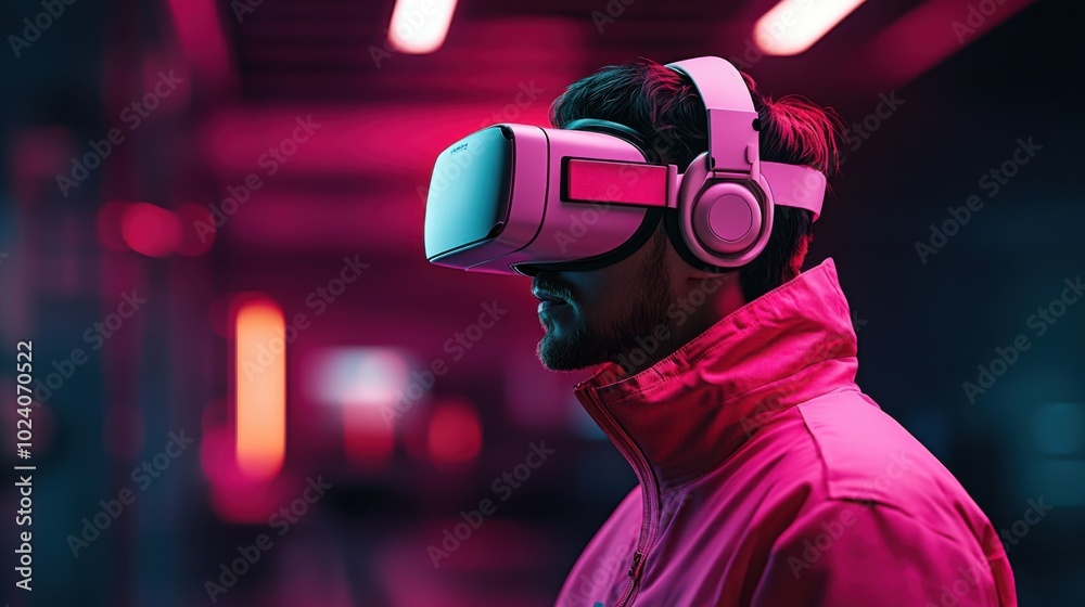 Trainer using virtual reality headset in modern setting Trainer using virtual reality headset in modern setting