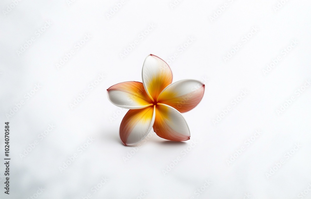 A single tropical flower with white, orange, and red petals sits on a white background. A single tropical flower with white, orange, and red petals sits on a white background.