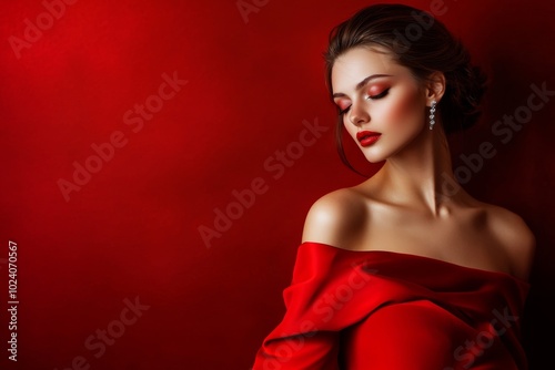 A woman in a stunning red off-shoulder dress poses elegantly against a vibrant red background in a glamorous setting