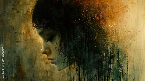 Melancholy Portrait: Woman with Closed Eyes in Abstract Painting