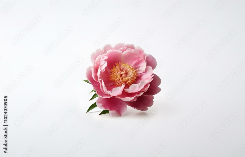 A single pink peony sits in the center of a white background. A single pink peony sits in the center of a white background.