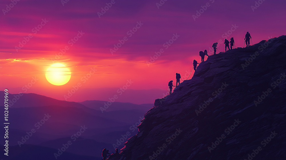 Group of hikers climbing together, symbol of teamwork and belonging Group of hikers climbing together, symbol of teamwork and belonging