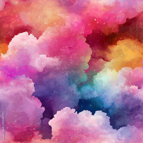 seamless pattern of cosmic dust clouds swirling in radiant colors