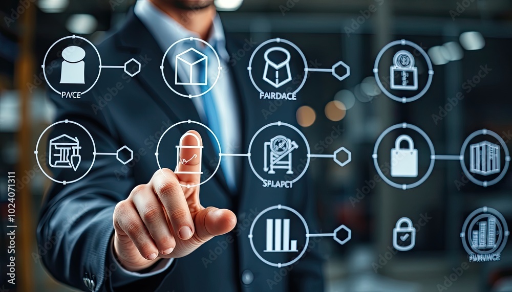 businessman pushing a button on a touch screen interface businessman pushing a button on a touch screen interface