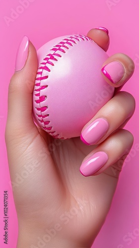 A hand with pink nails holds a pink baseball photo