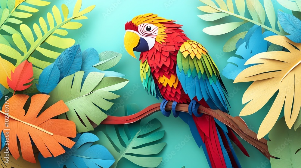 Obraz premium Layered paper cut parrot with bright feathers in reds, greens, and blues, perched on a colorful branch, paper cut parrot, colorful wildlife craft