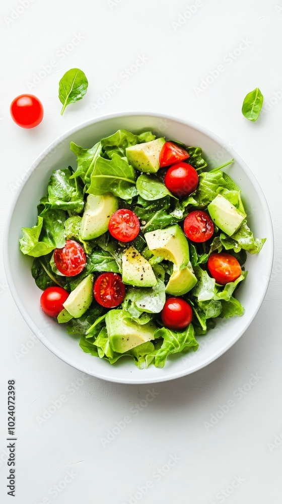 Fresh salad with lettuce, avocado, and cherry tomatoes in white bowl Fresh salad with lettuce, avocado, and cherry tomatoes in white bowl