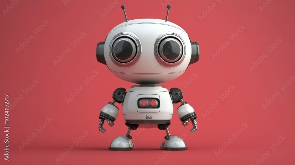 A friendly white robot with large eyes stands ready A friendly white robot with large eyes stands ready