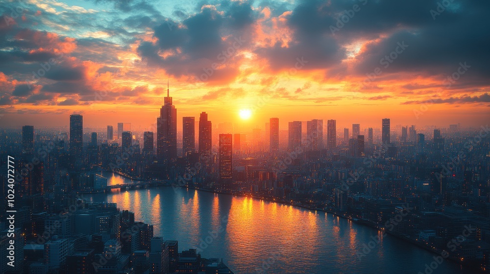 A panoramic view of a city skyline at sunset, with the sun setting over the horizon and reflecting off the water. A panoramic view of a city skyline at sunset, with the sun setting over the horizon and reflecting off the water.