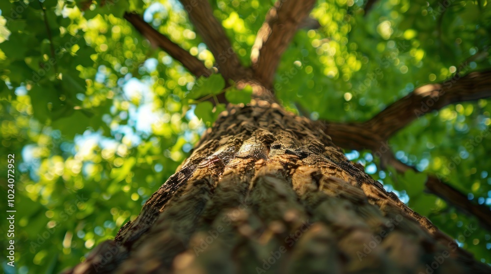 Fototapeta premium tree from the ground looking up, with green leaves during the day