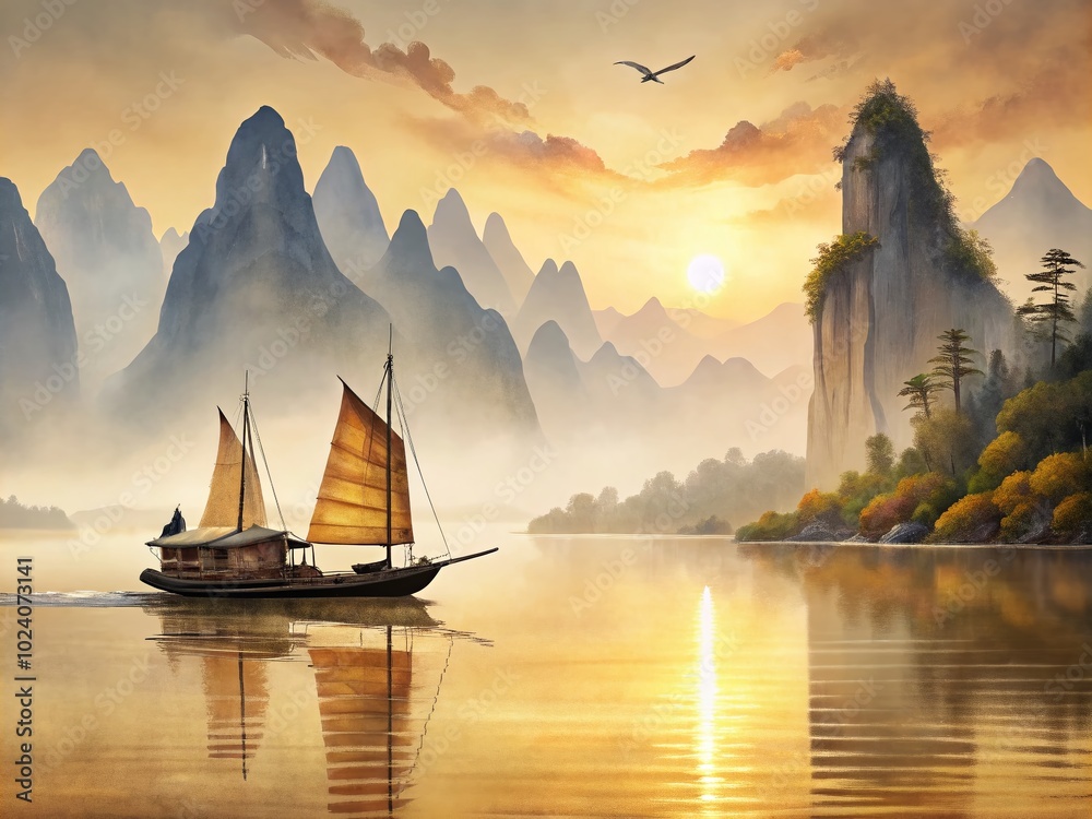 A tranquil bay at sunset, a graceful sailboat glides across the water, embodying serenity as vibrant colors reflect the peaceful sky and gentle A tranquil bay at sunset, a graceful sailboat glides across the water, embodying serenity as vibrant colors reflect the peaceful sky and gentle