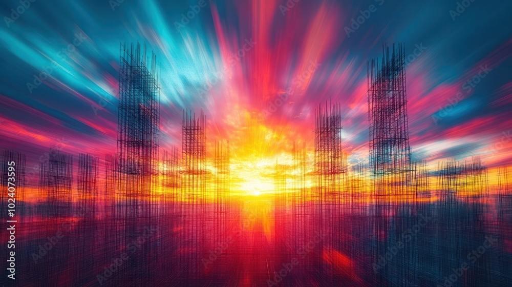 Abstract cityscape with a blurred sunset and vibrant colors. Abstract cityscape with a blurred sunset and vibrant colors.