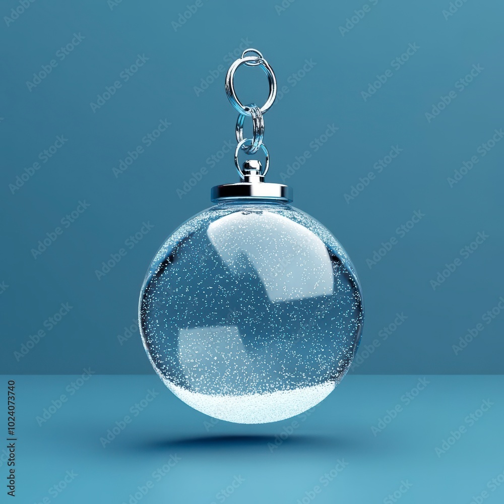 A frosted glass ornament hangs from a silver chain A frosted glass ornament hangs from a silver chain