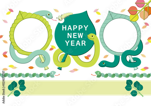 巳年イラスト年賀状デザイン「葉っぱと蛇と芋虫フレーム枠」HAPPY NEW YEAR
（Year of the snake illustration new year's card greeting postcard design material leaf and snake and green caterpillar frame） photo