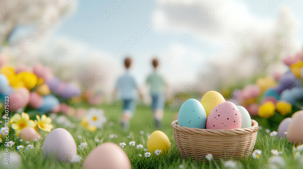 A serene spring scene featuring children exploring a vibrant garden filled with colorful Easter eggs and blooming flowers, evoking a sense of joy and wonder. A serene spring scene featuring children exploring a vibrant garden filled with colorful Easter eggs and blooming flowers, evoking a sense of joy and wonder.