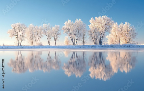 Beautiful scenery of rime with snow on the lake in winter