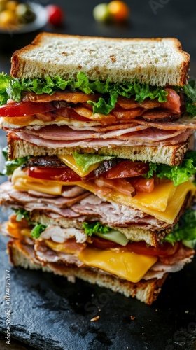 Delicious stacked club sandwich with fresh ingredients and crispy bread