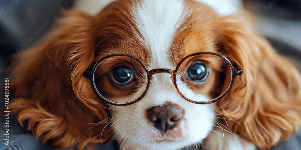 A cute puppy wearing glasses, generative AI A cute puppy wearing glasses, generative AI