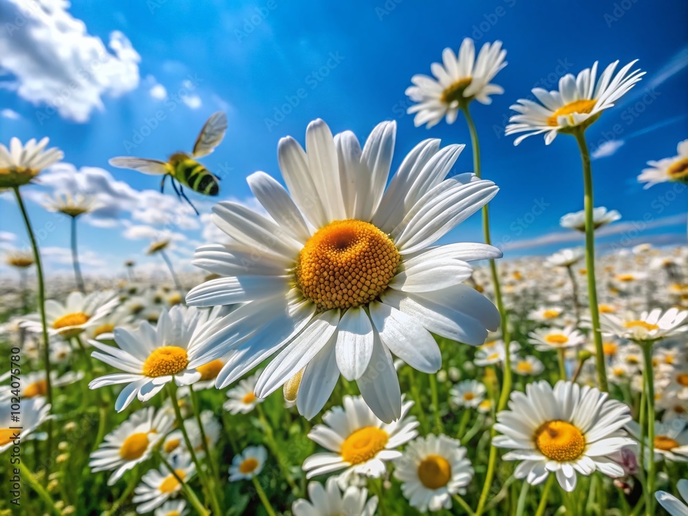 Bees busily collect nectar in a vibrant daisy field beneath a radiant sun, capturing the beauty of nature in a stunning panoramic view. Bees busily collect nectar in a vibrant daisy field beneath a radiant sun, capturing the beauty of nature in a stunning panoramic view.