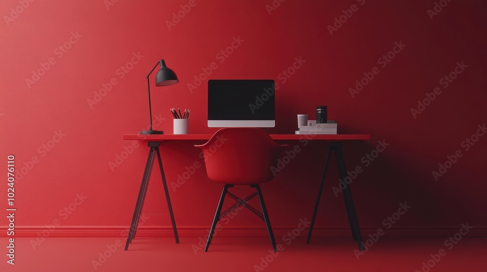 Minimalist home office with red desk chair and lamp Minimalist home office with red desk chair and lamp