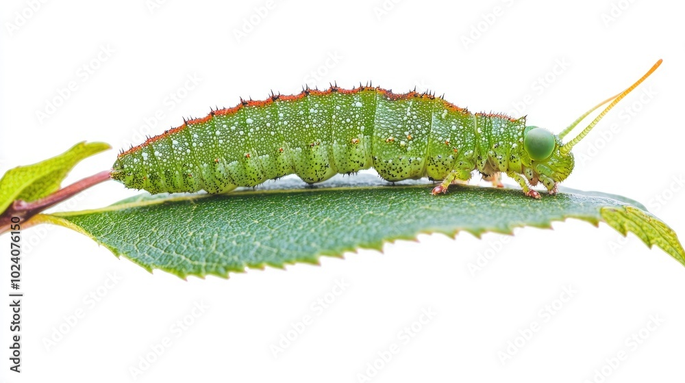 Naklejka premium A green caterpillar perched on the tip of a leaf, isolated on a clean white background for PNG transparency.