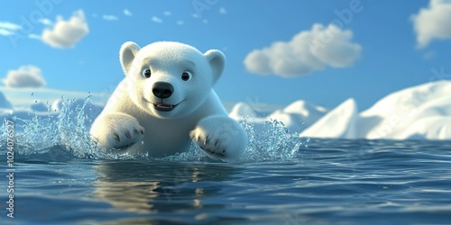 Playful 3D polar bear cartoon gliding through the water, 