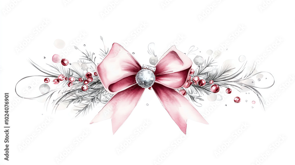 Elegant pink bow with decorative elements on a white isolated background. Elegant pink bow with decorative elements on a white isolated background.