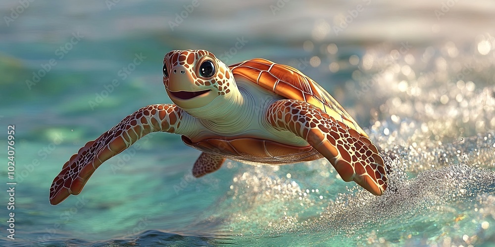 Obraz premium Playful 3D sea turtle cartoon gliding through the water, 
