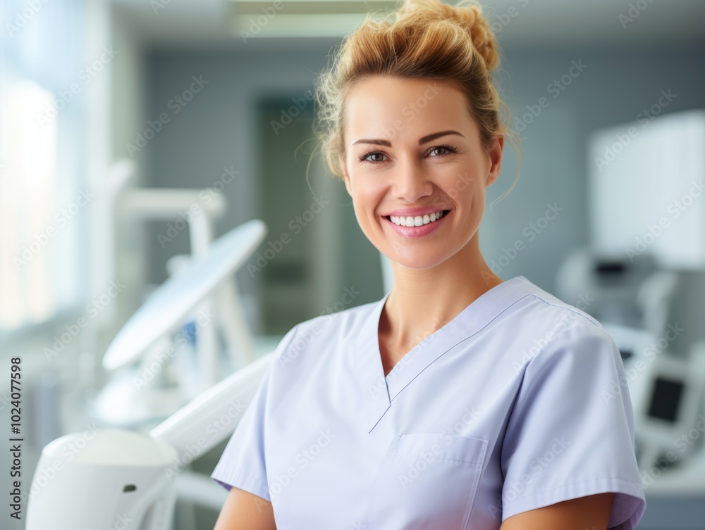 A cheerful female dentist is happily smiling for the camera while standing in a wellequipped dental office filled with various tools A cheerful female dentist is happily smiling for the camera while standing in a wellequipped dental office filled with various tools