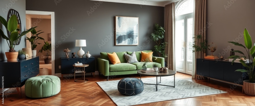 Fototapeta premium Modern living room with green sofa, plants, abstract painting, and brown parquet. AI generate.